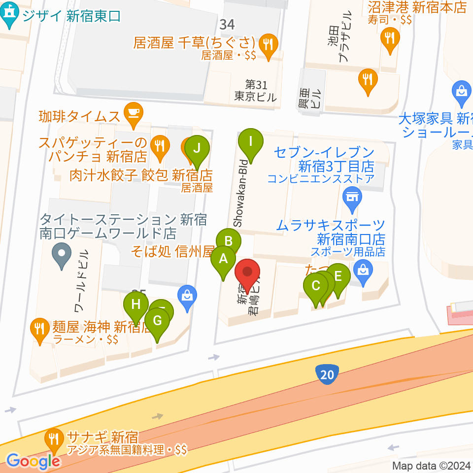 ミュージックスクールウッド新宿校周辺のファミレス・ファーストフード一覧地図