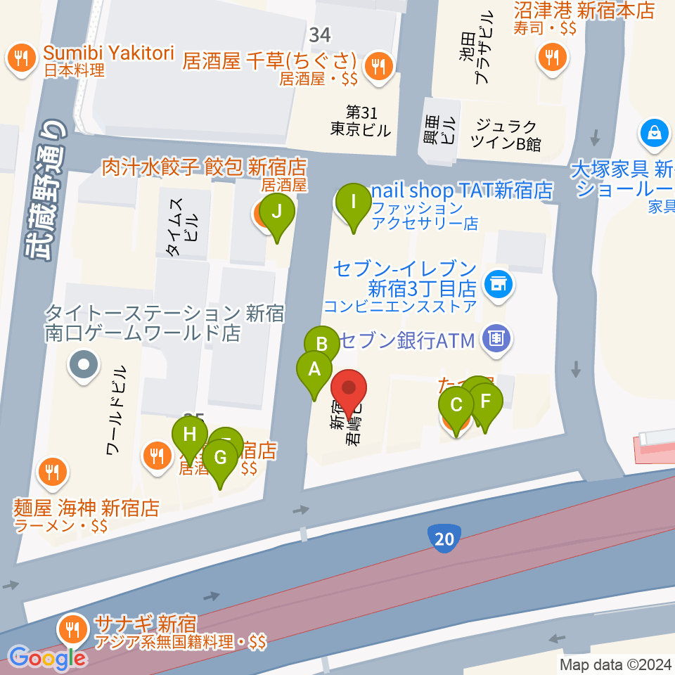 ミュージックスクールウッド新宿校周辺のファミレス・ファーストフード一覧地図