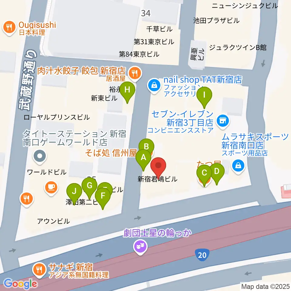 ミュージックスクールウッド新宿校周辺のファミレス・ファーストフード一覧地図