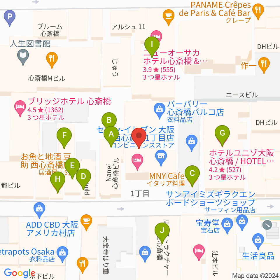 ジャパンギタースクール 心斎橋校周辺のファミレス・ファーストフード一覧地図