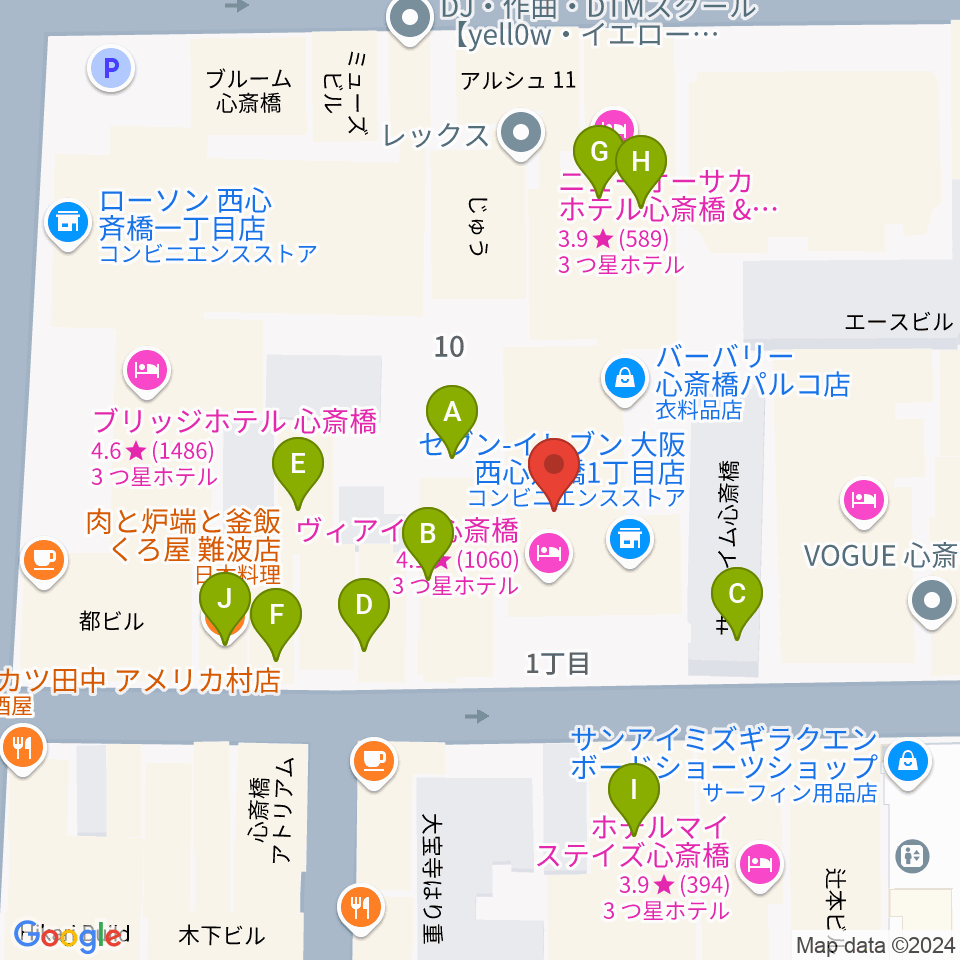 ジャパンギタースクール 心斎橋校周辺のファミレス・ファーストフード一覧地図