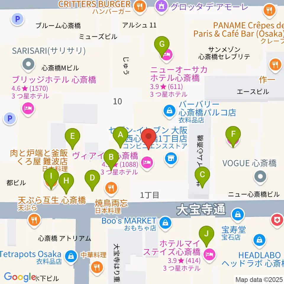 ジャパンギタースクール 心斎橋校周辺のファミレス・ファーストフード一覧地図