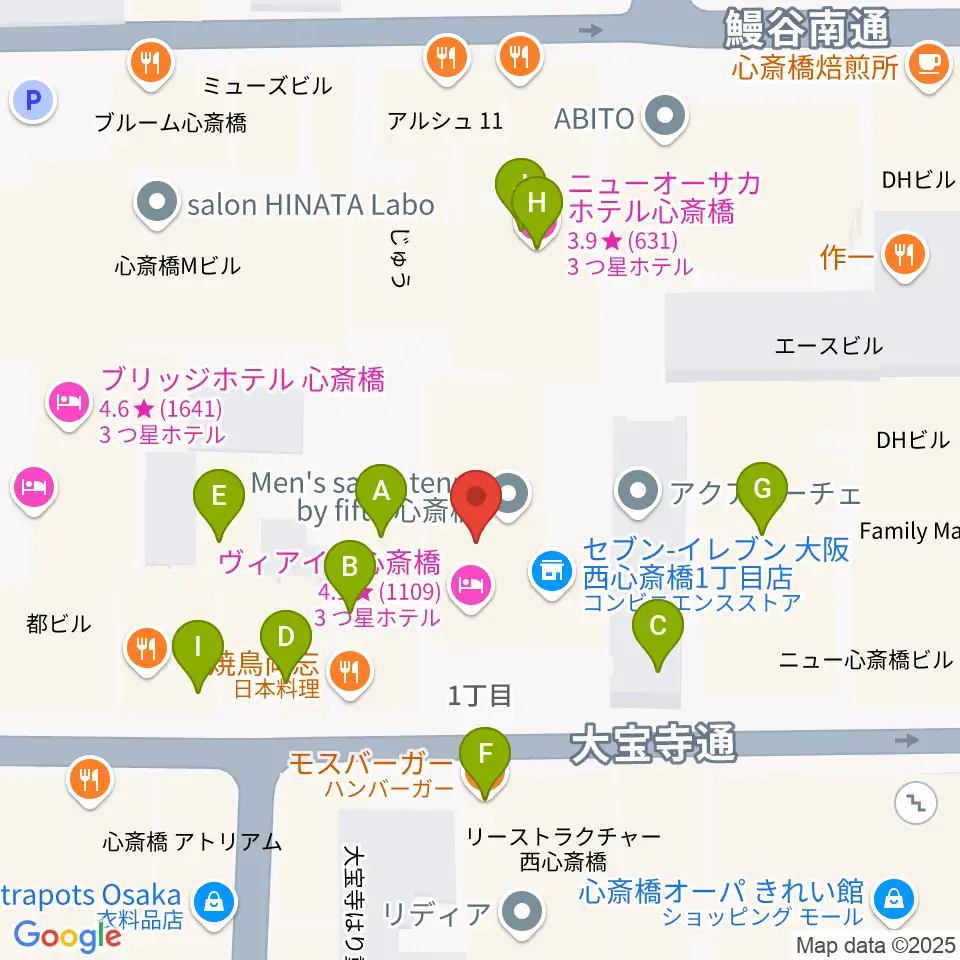 ジャパンギタースクール 心斎橋校周辺のファミレス・ファーストフード一覧地図