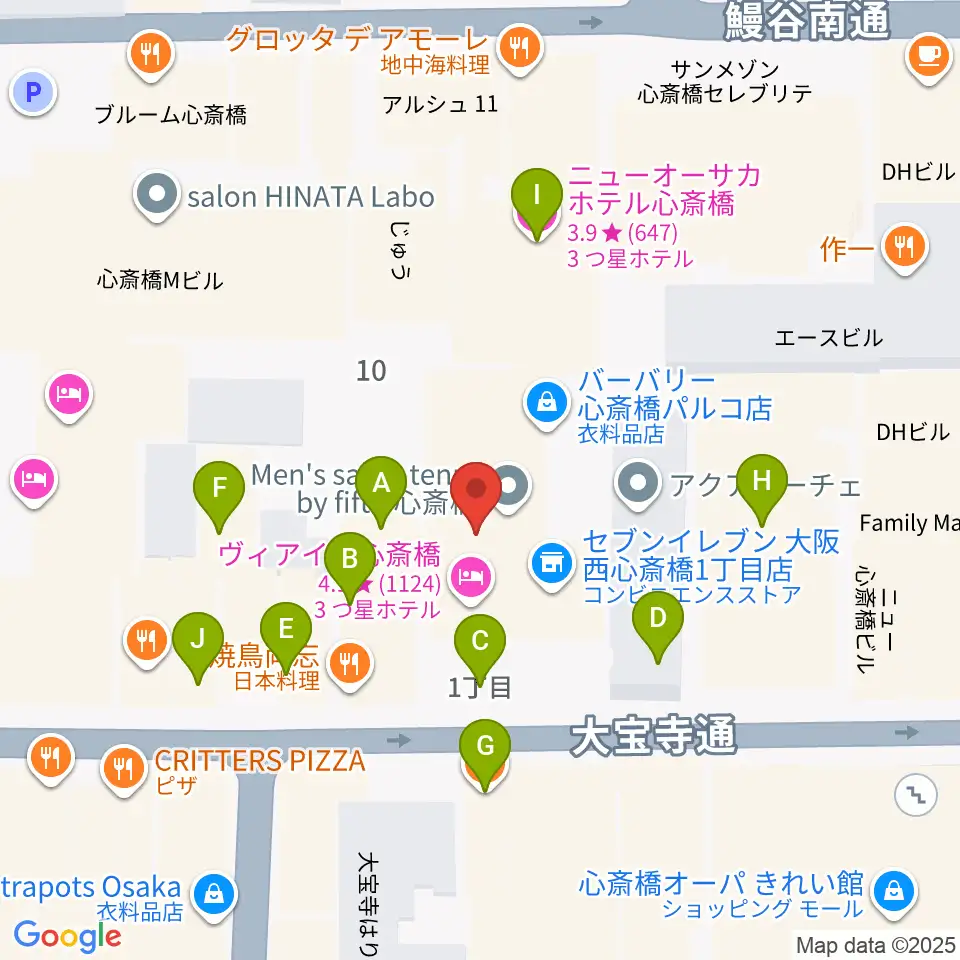 ジャパンギタースクール 心斎橋校周辺のファミレス・ファーストフード一覧地図