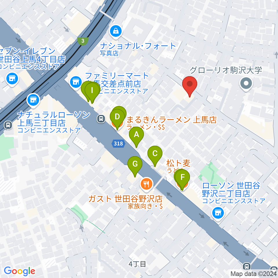 ワンヴォイスミュージックスクール周辺のファミレス・ファーストフード一覧地図