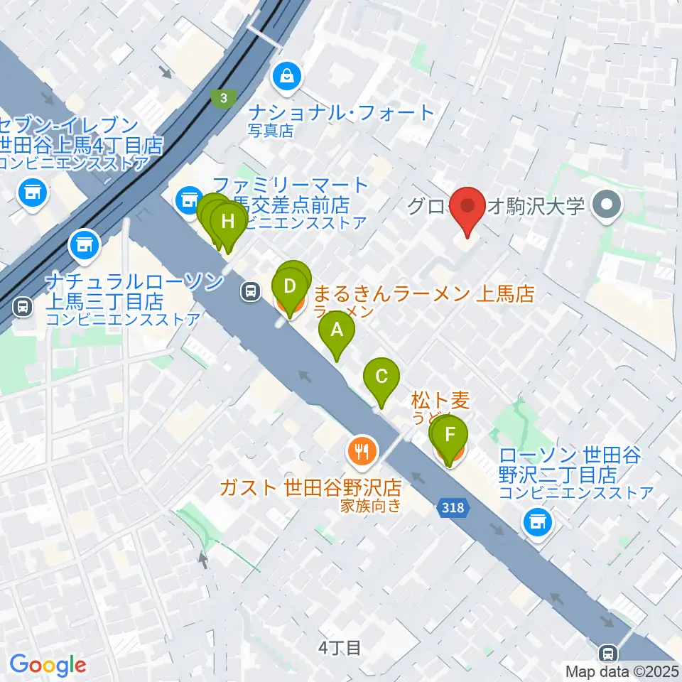 ワンヴォイスミュージックスクール周辺のファミレス・ファーストフード一覧地図