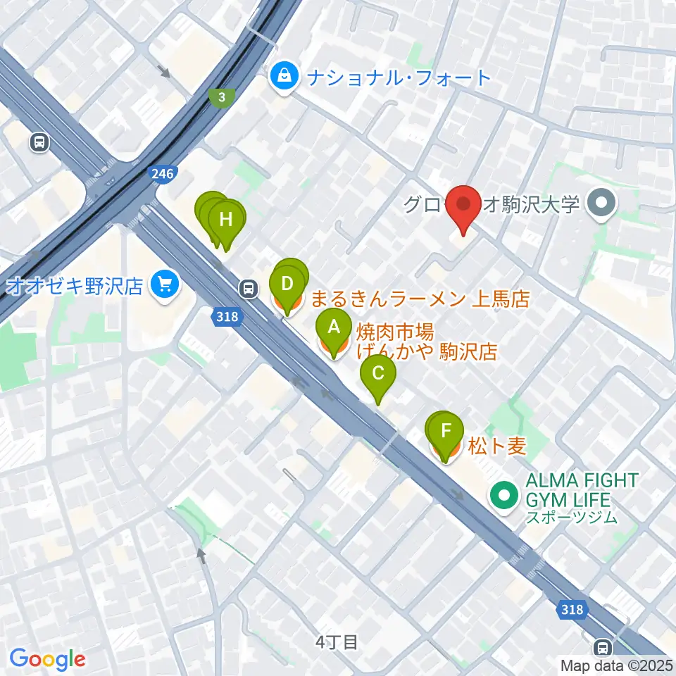 ワンヴォイスミュージックスクール周辺のファミレス・ファーストフード一覧地図