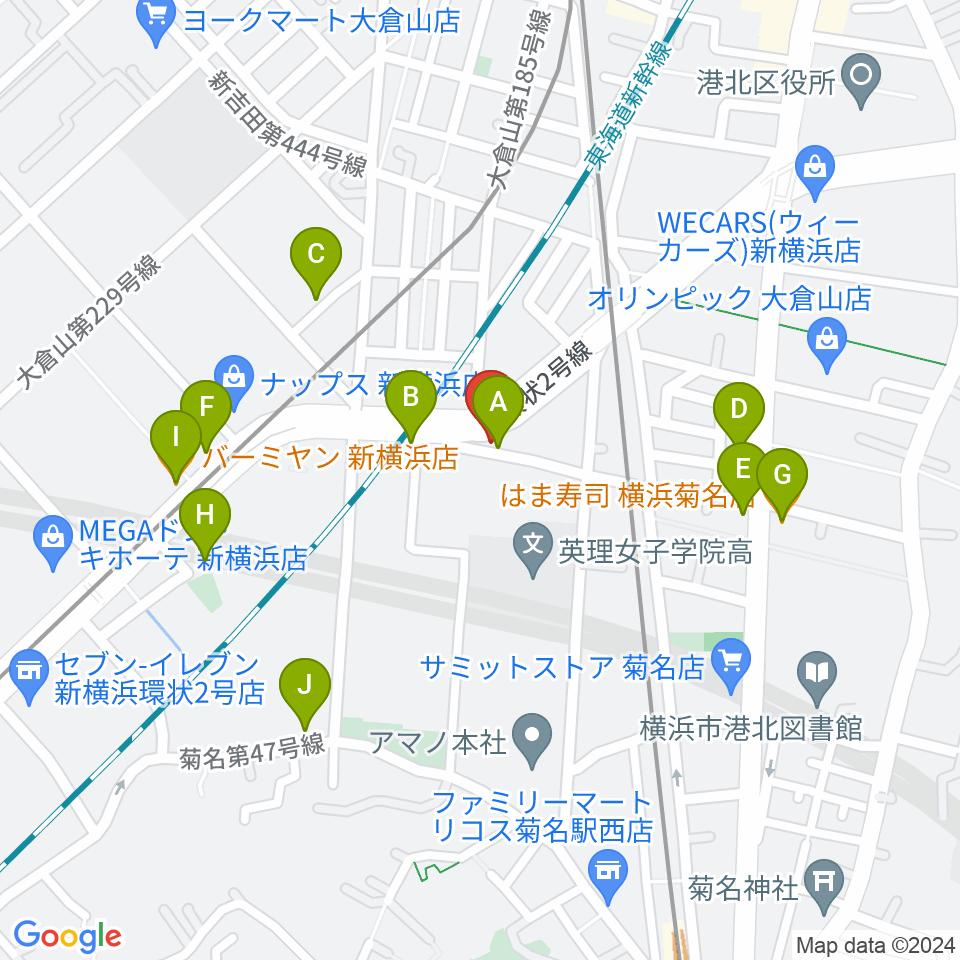 菊名JAM周辺のファミレス・ファーストフード一覧地図