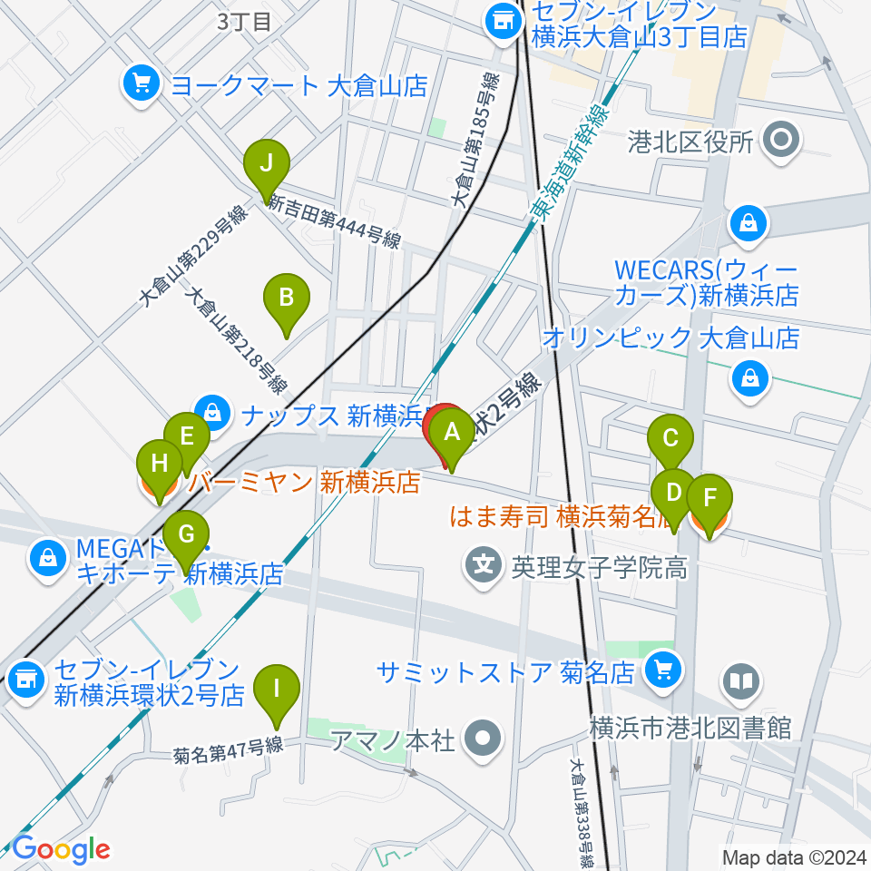 菊名JAM周辺のファミレス・ファーストフード一覧地図