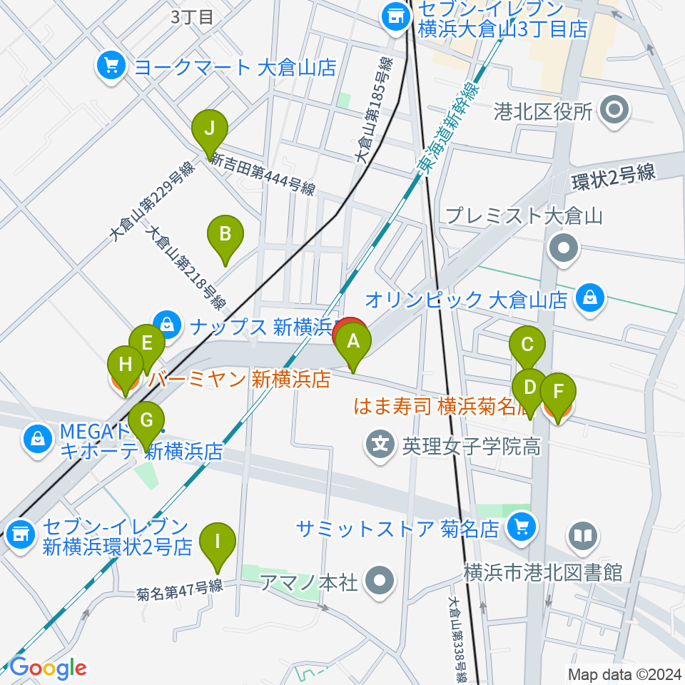 菊名JAM周辺のファミレス・ファーストフード一覧地図