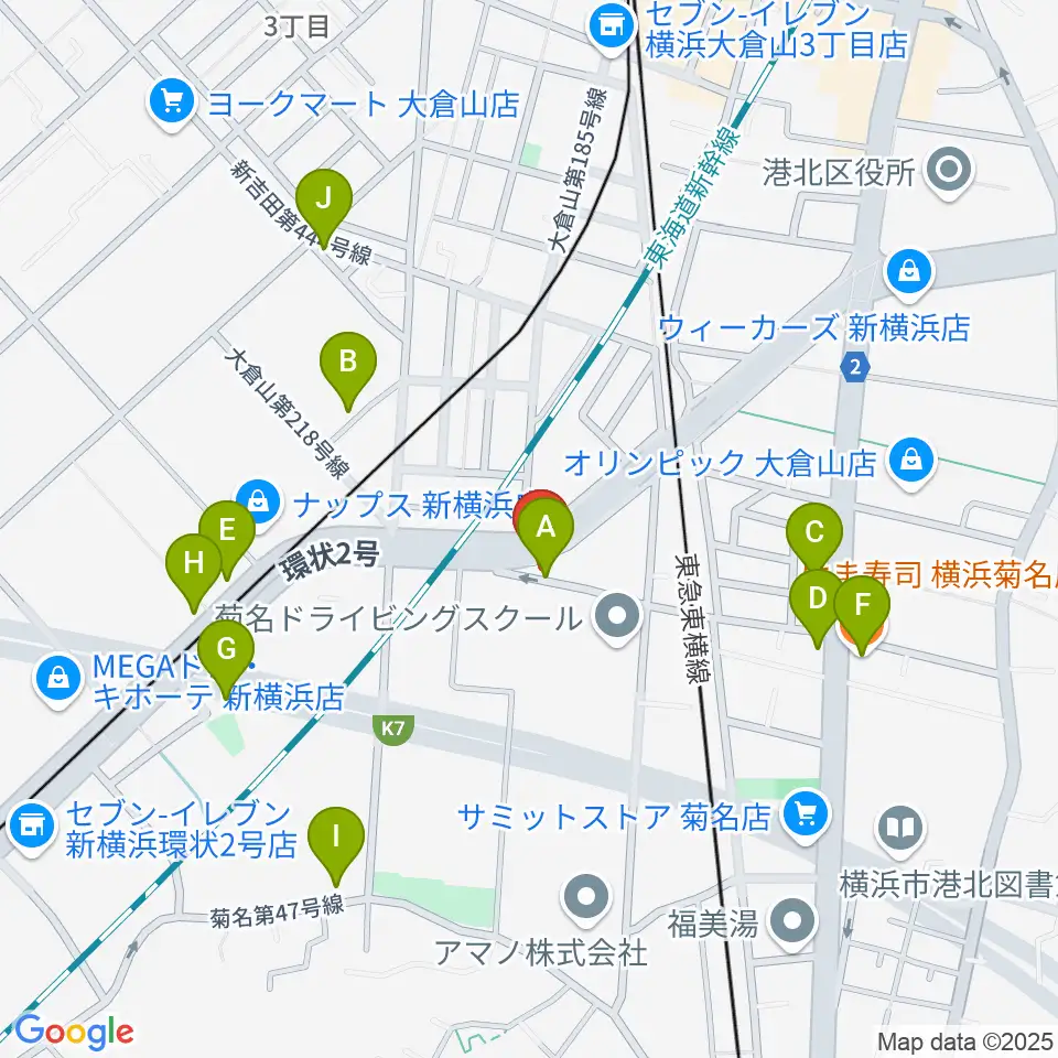 菊名JAM周辺のファミレス・ファーストフード一覧地図