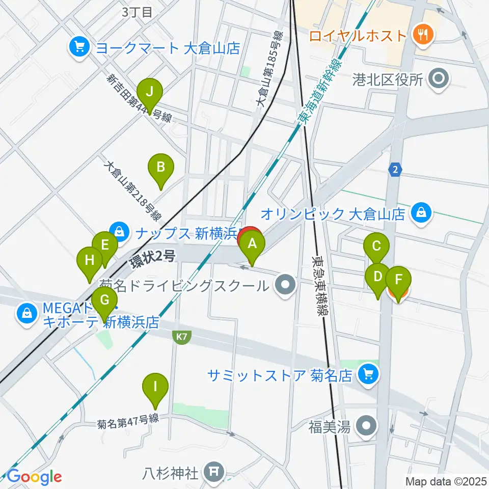菊名JAM周辺のファミレス・ファーストフード一覧地図