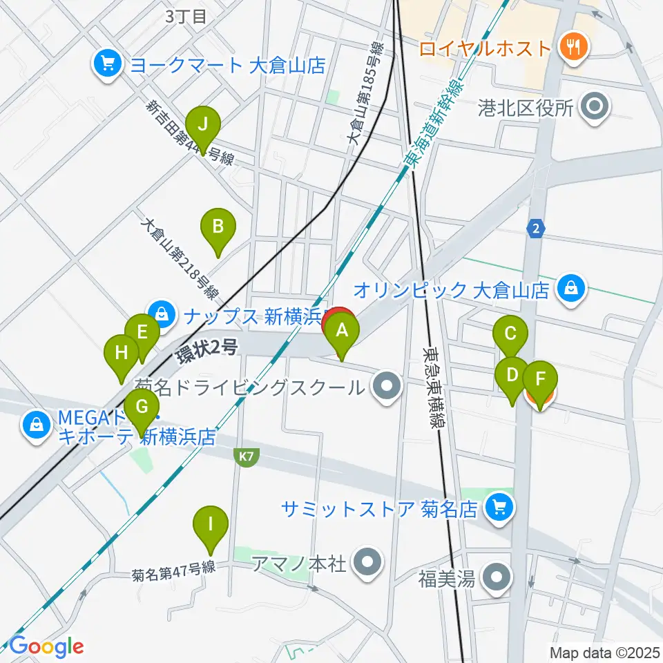 菊名JAM周辺のファミレス・ファーストフード一覧地図