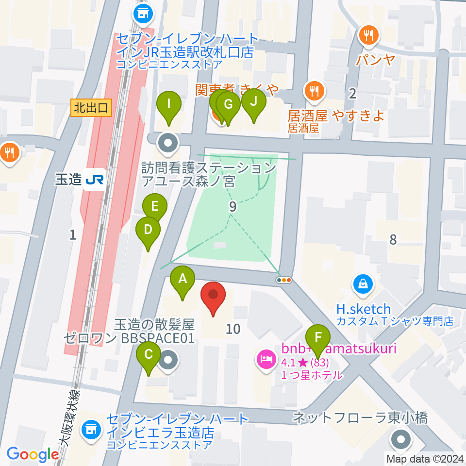 KMC音楽院周辺のファミレス・ファーストフード一覧地図