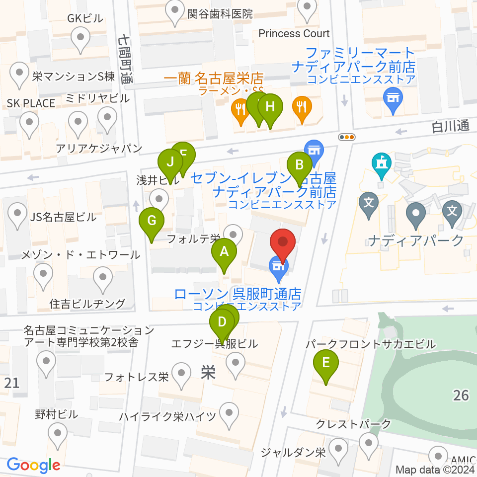 名古屋スクールオブミュージック&ダンス専門学校周辺のファミレス・ファーストフード一覧地図