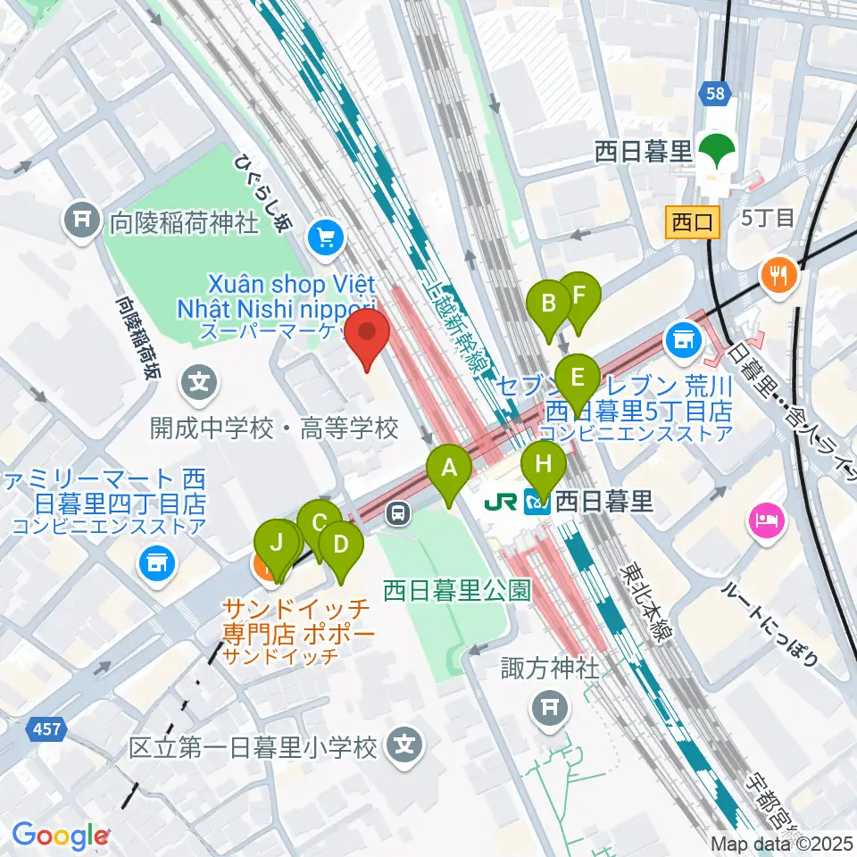 東京音楽学院 西日暮里駅前校周辺のファミレス・ファーストフード一覧地図