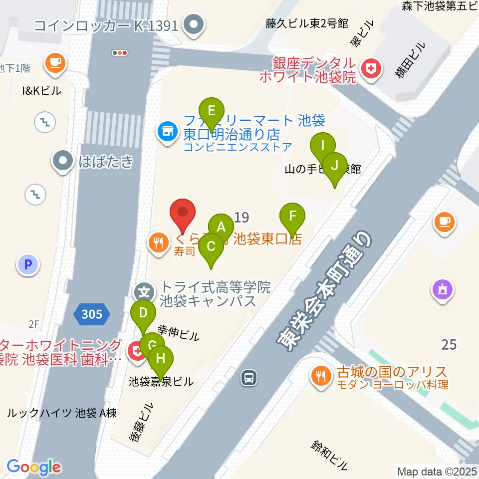 ヤマノミュージックサロン池袋周辺のファミレス・ファーストフード一覧地図