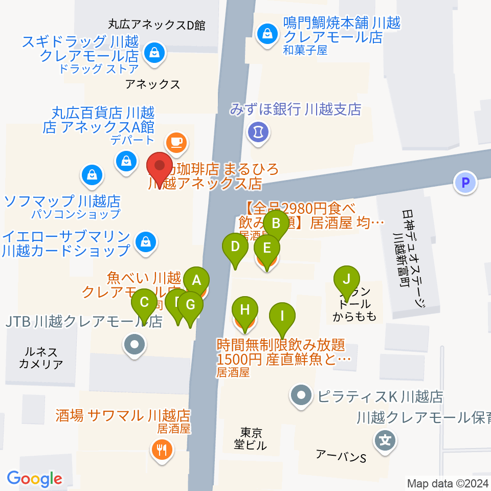 ヤマノミュージックサロン川越周辺のファミレス・ファーストフード一覧地図