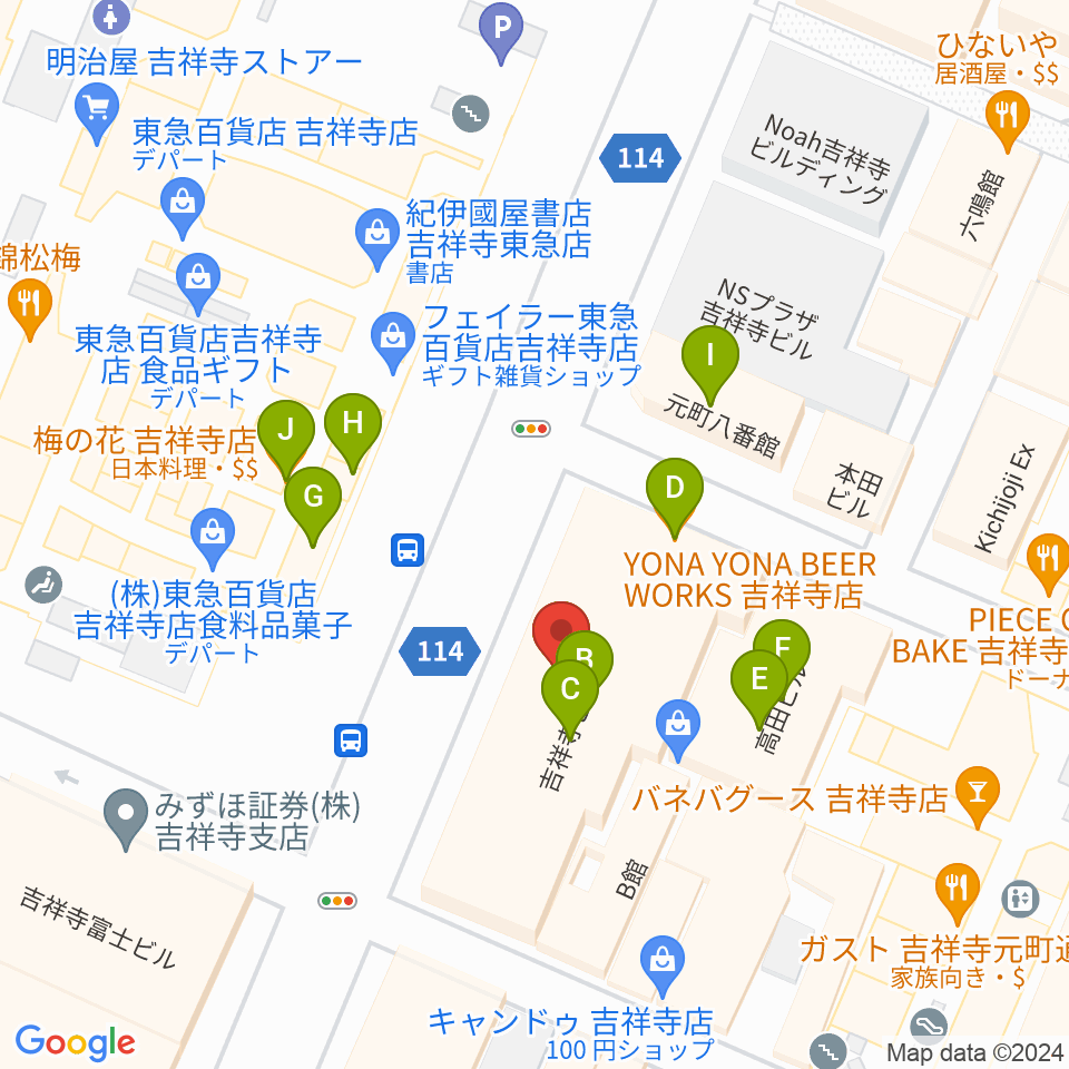 ヤマノミュージックサロン吉祥寺周辺のファミレス・ファーストフード一覧地図