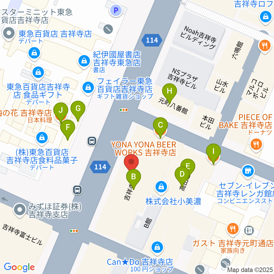 ヤマノミュージックサロン吉祥寺周辺のファミレス・ファーストフード一覧地図