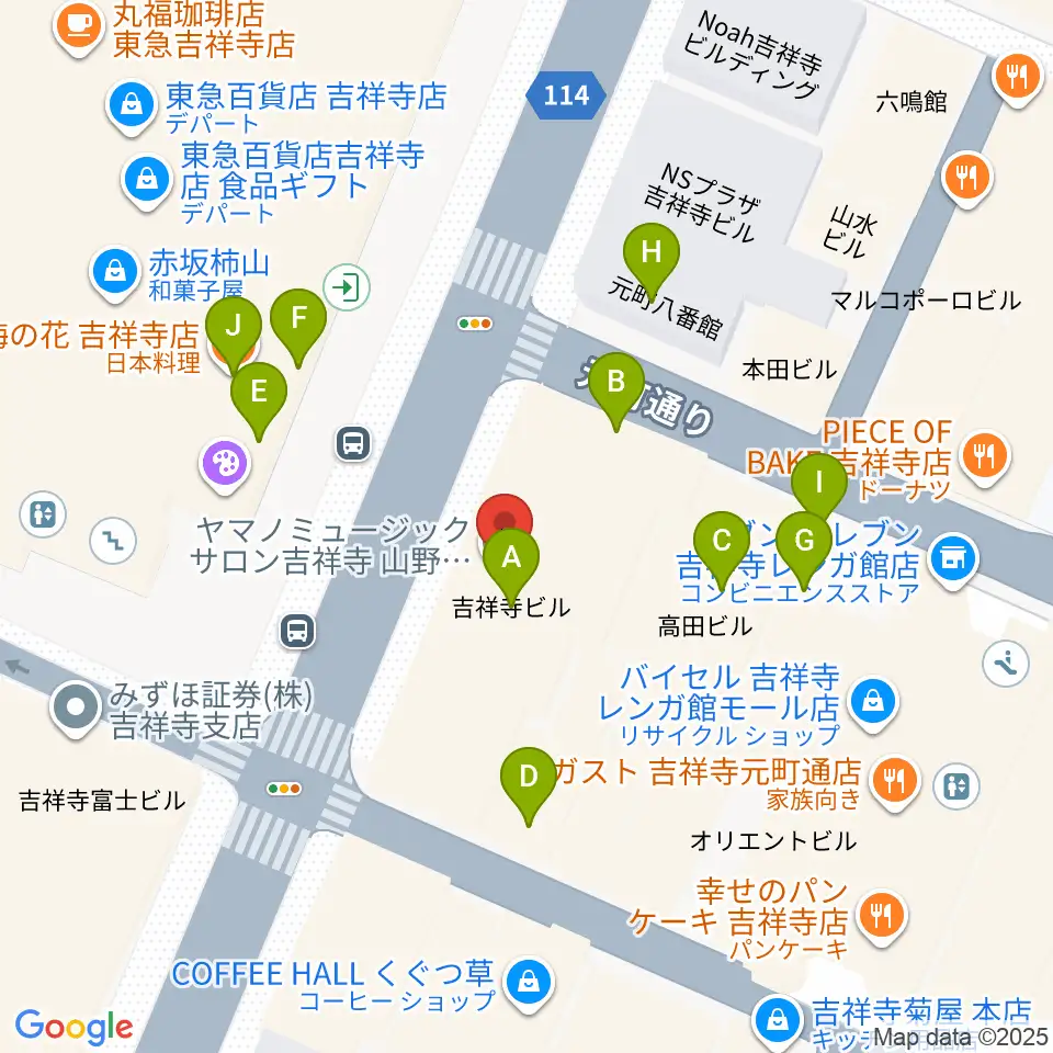 ヤマノミュージックサロン吉祥寺周辺のファミレス・ファーストフード一覧地図