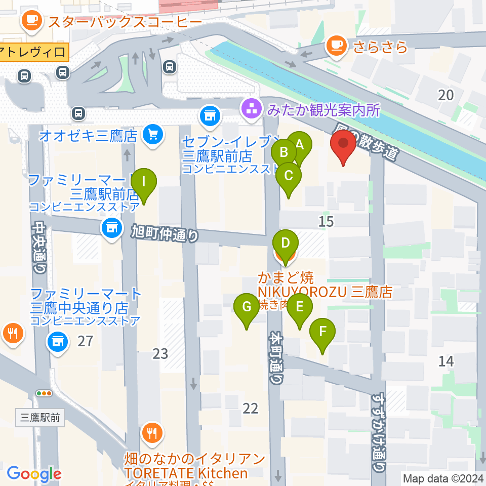 ヤマノミュージックセンター三鷹周辺のファミレス・ファーストフード一覧地図