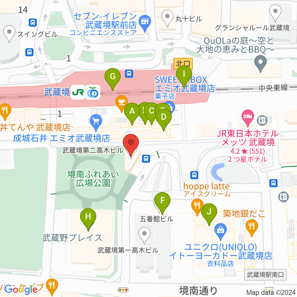 ヤマノミュージックセンター武蔵境周辺のファミレス・ファーストフード一覧地図