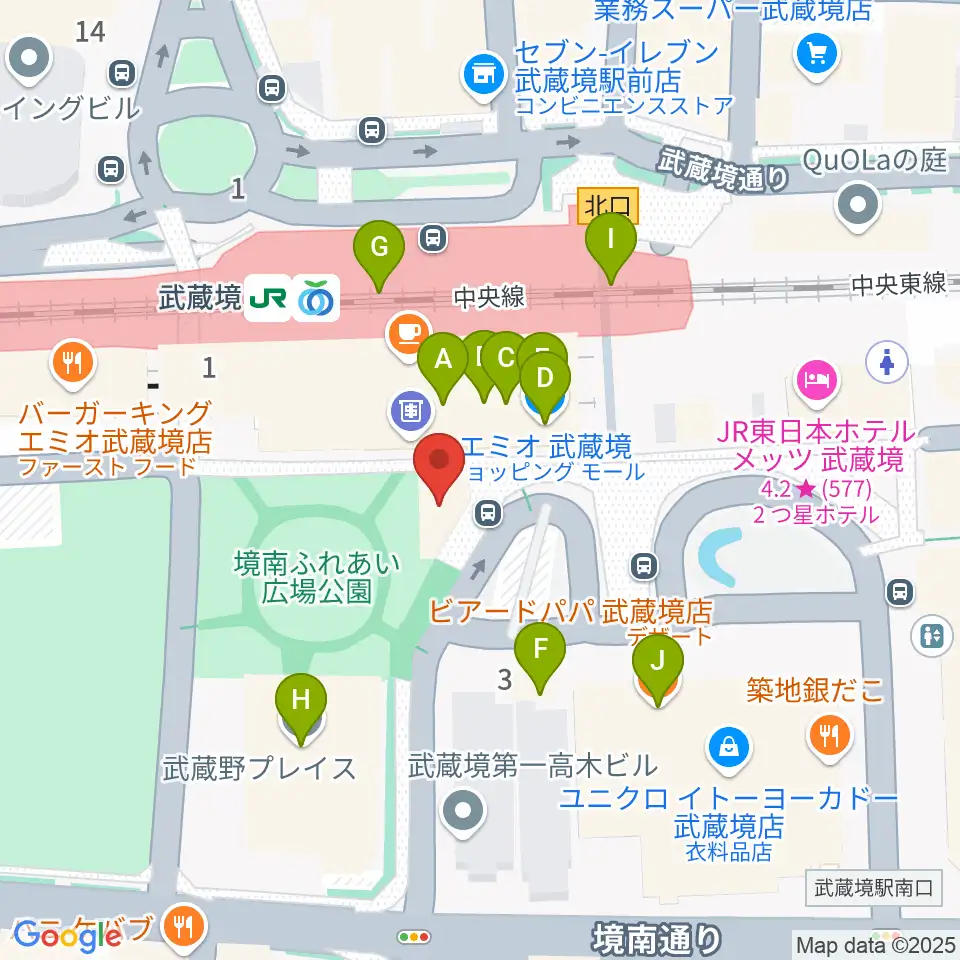 ヤマノミュージックセンター武蔵境周辺のファミレス・ファーストフード一覧地図