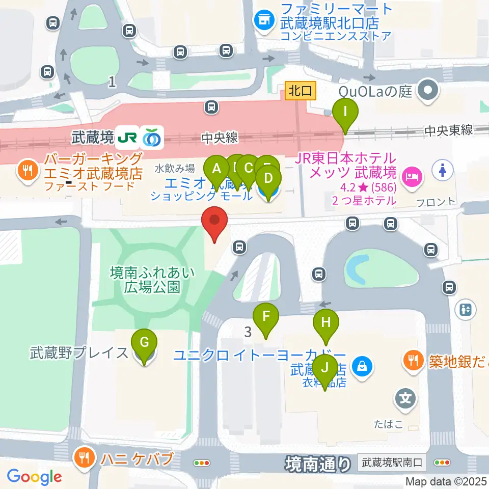 ヤマノミュージックセンター武蔵境周辺のファミレス・ファーストフード一覧地図