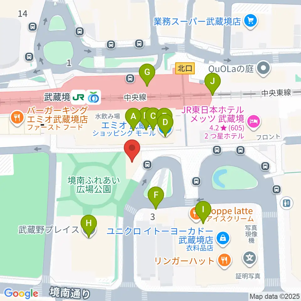ヤマノミュージックセンター武蔵境周辺のファミレス・ファーストフード一覧地図