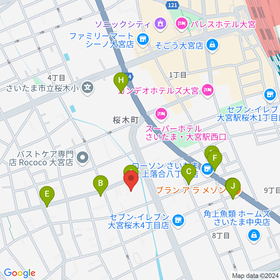 モーゼ音楽スクール周辺のファミレス・ファーストフード一覧地図