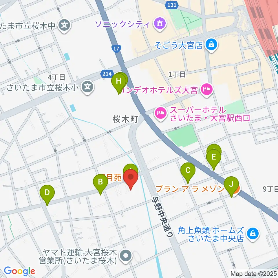 モーゼ音楽スクール周辺のファミレス・ファーストフード一覧地図