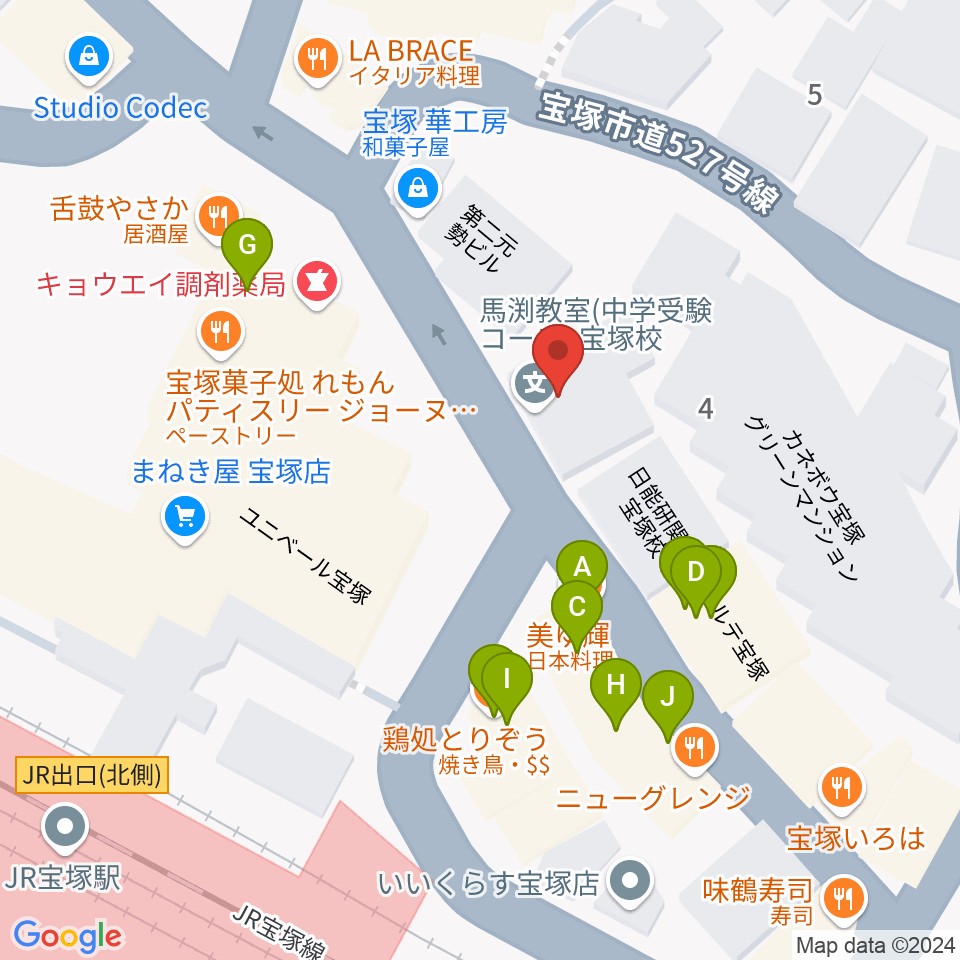 宝塚ミュージックリサーチ周辺のファミレス・ファーストフード一覧地図