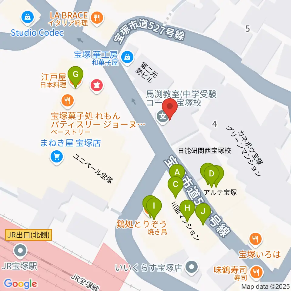 宝塚ミュージックリサーチ周辺のファミレス・ファーストフード一覧地図