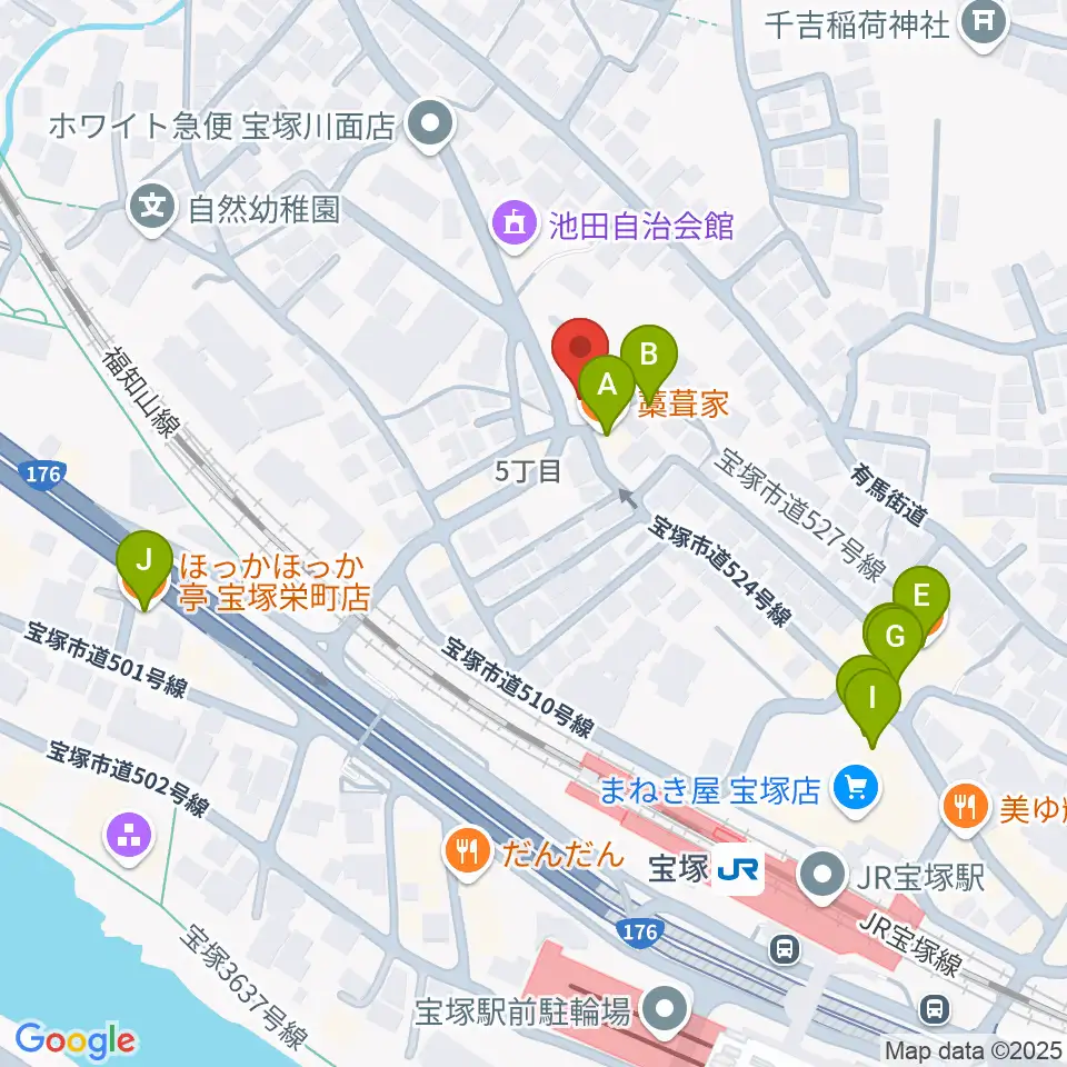 宝塚ミュージックリサーチ周辺のファミレス・ファーストフード一覧地図