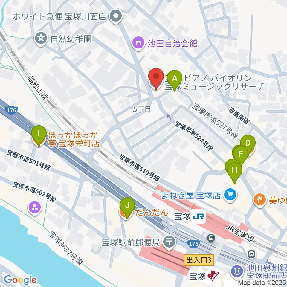宝塚ミュージックリサーチ周辺のファミレス・ファーストフード一覧地図