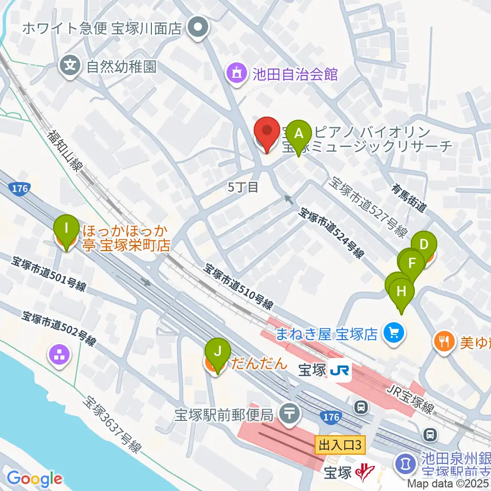 宝塚ミュージックリサーチ周辺のファミレス・ファーストフード一覧地図