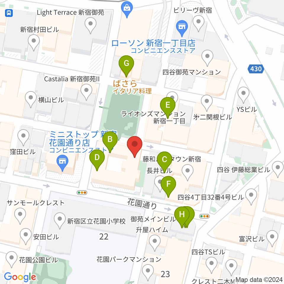 新宿ギター音楽院周辺のファミレス・ファーストフード一覧地図