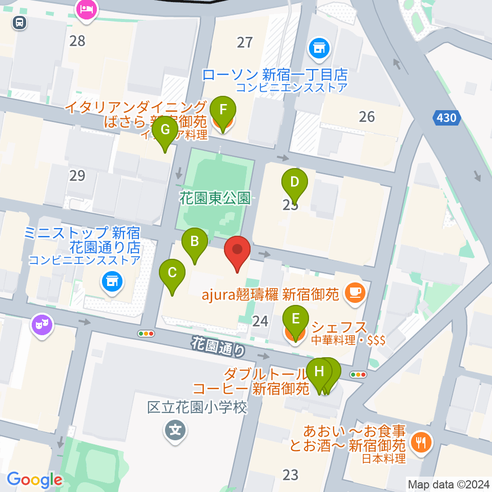 新宿ギター音楽院周辺のファミレス・ファーストフード一覧地図