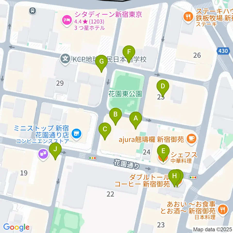 新宿ギター音楽院周辺のファミレス・ファーストフード一覧地図