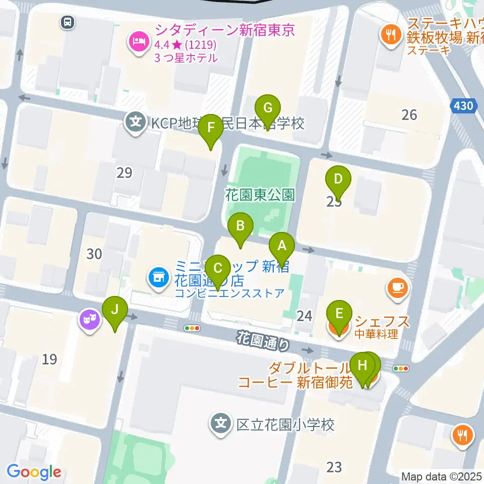 新宿ギター音楽院周辺のファミレス・ファーストフード一覧地図