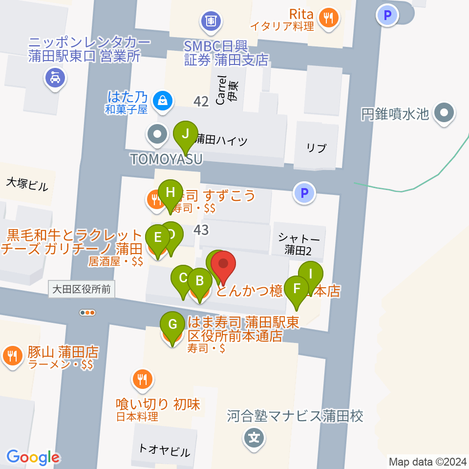 蒲田音楽学園 東口センター周辺のファミレス・ファーストフード一覧地図