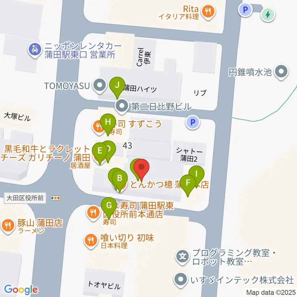 蒲田音楽学園 東口センター周辺のファミレス・ファーストフード一覧地図