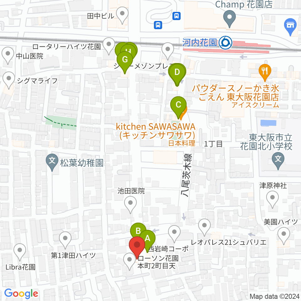 東大阪音楽学院周辺のファミレス・ファーストフード一覧地図