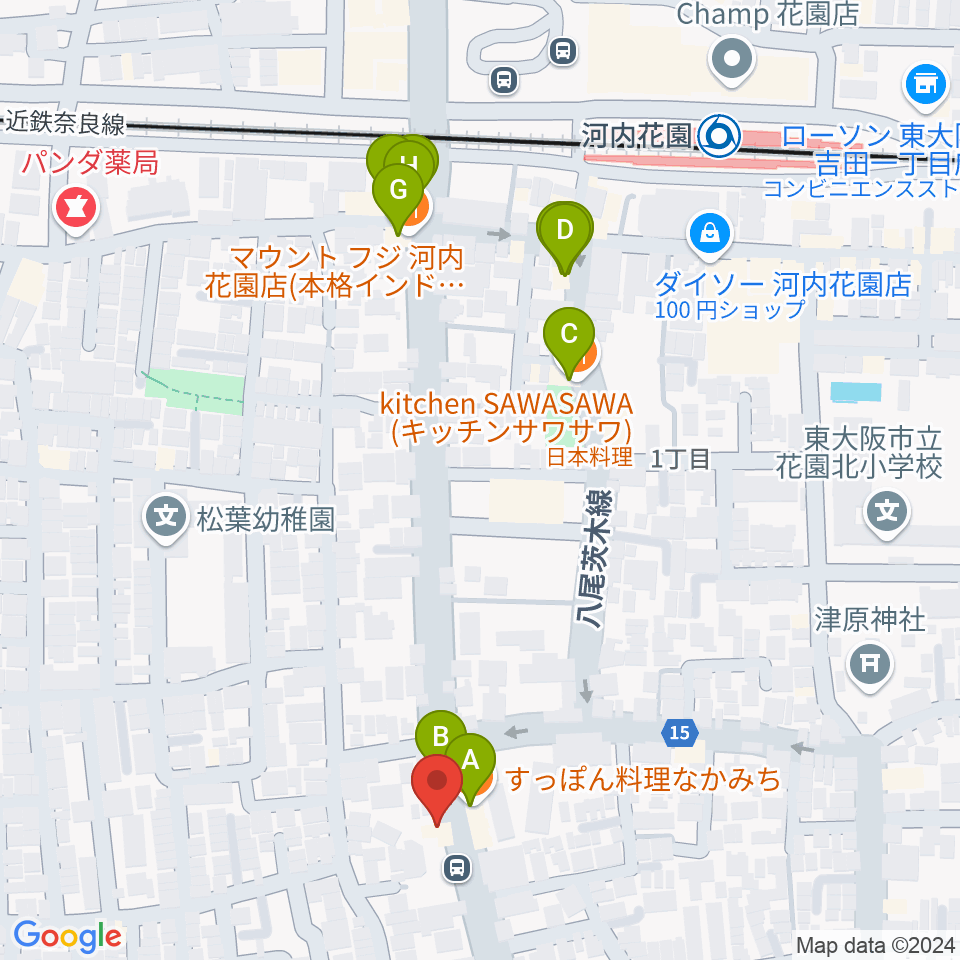 東大阪音楽学院周辺のファミレス・ファーストフード一覧地図