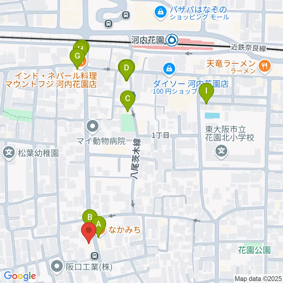 東大阪音楽学院周辺のファミレス・ファーストフード一覧地図