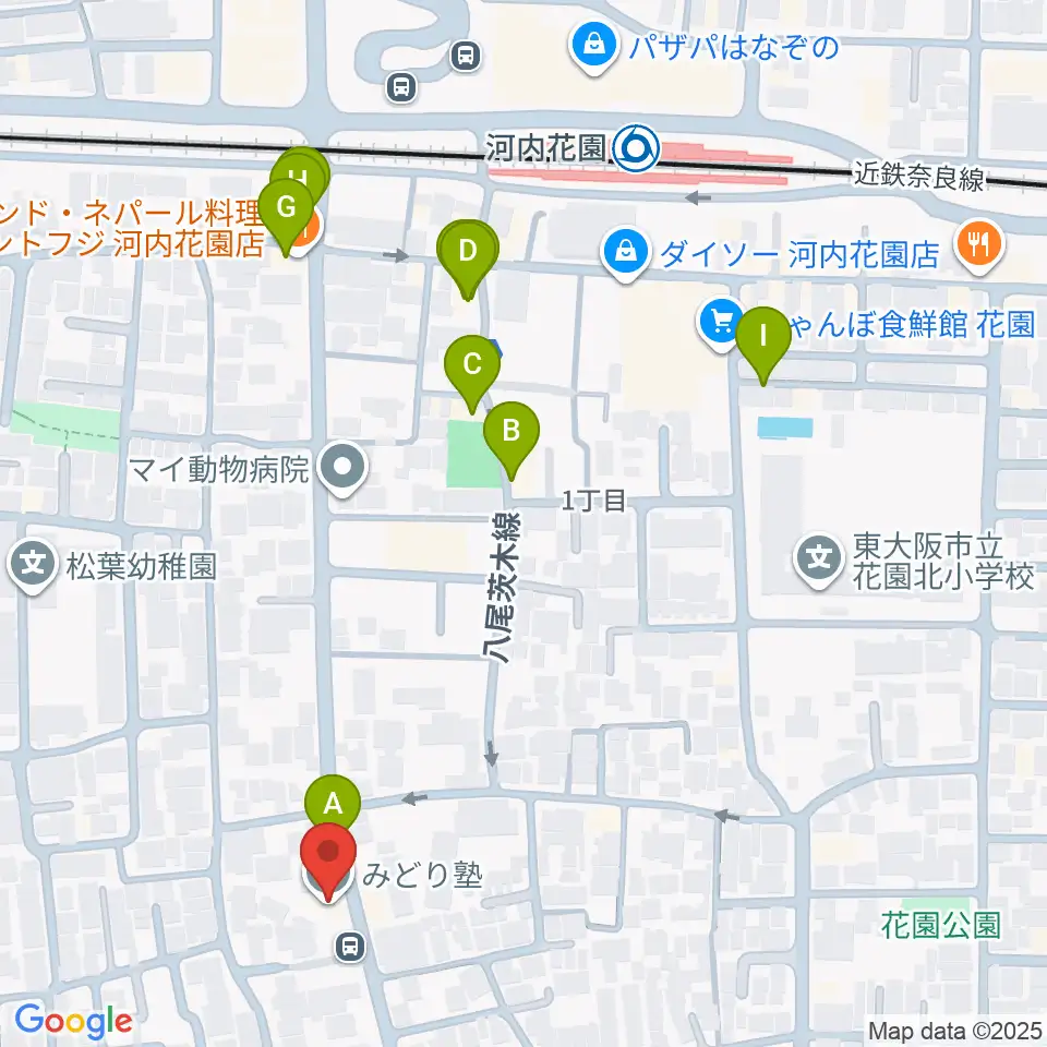 東大阪音楽学院周辺のファミレス・ファーストフード一覧地図