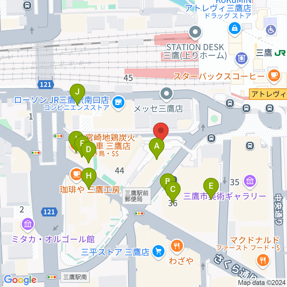 ヤマノミュージックサロン三鷹周辺のファミレス・ファーストフード一覧地図