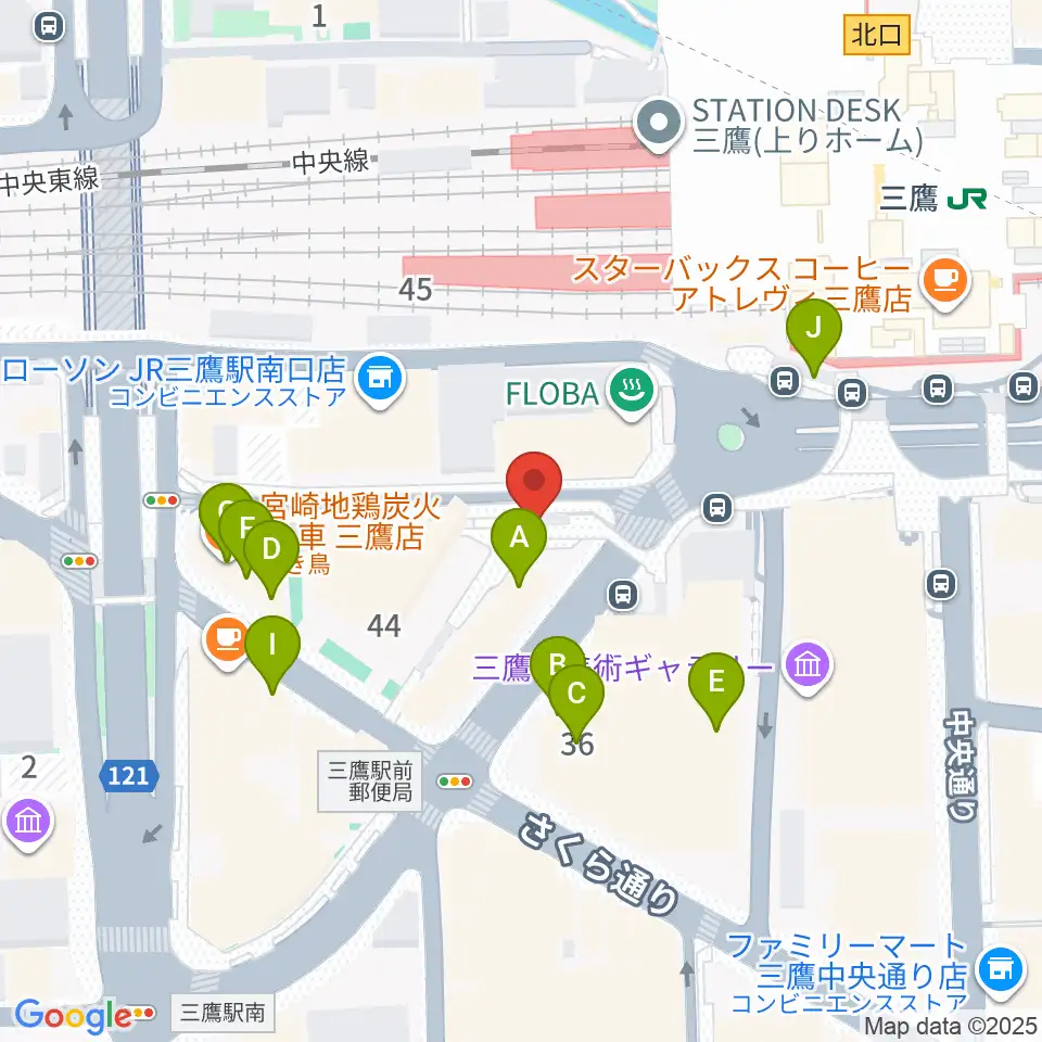 ヤマノミュージックサロン三鷹周辺のファミレス・ファーストフード一覧地図