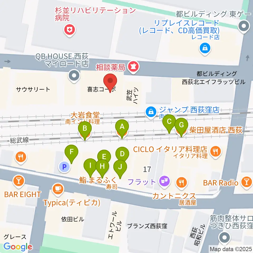 OKADA音楽教室 西荻窪周辺のファミレス・ファーストフード一覧地図